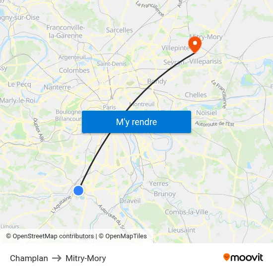 Champlan to Mitry-Mory map