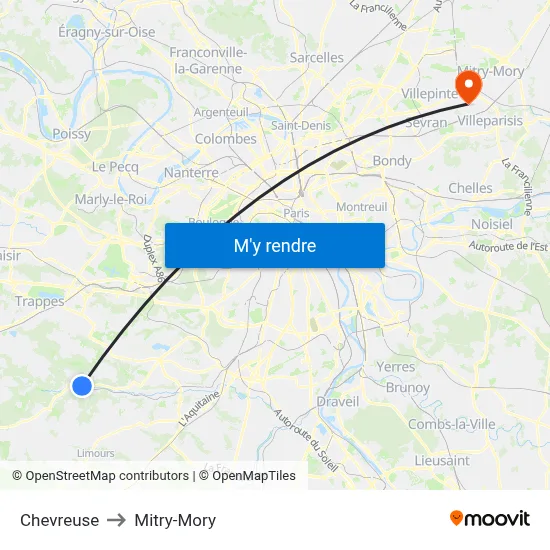 Chevreuse to Mitry-Mory map