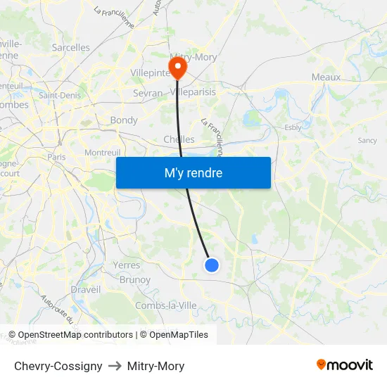 Chevry-Cossigny to Mitry-Mory map