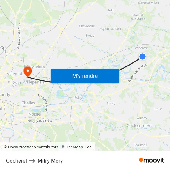 Cocherel to Mitry-Mory map