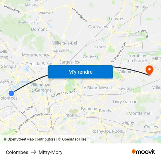 Colombes to Mitry-Mory map