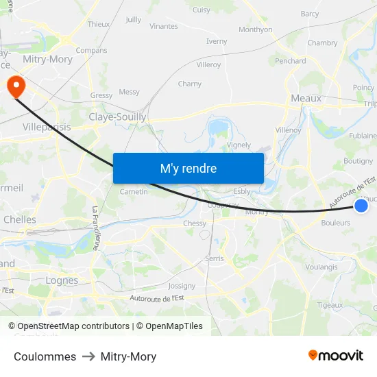 Coulommes to Mitry-Mory map