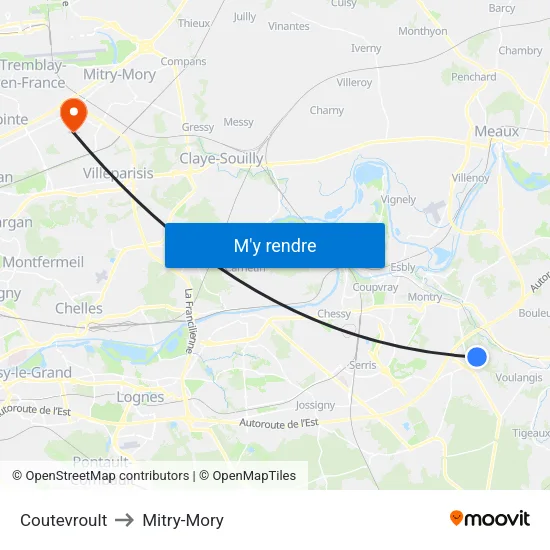 Coutevroult to Mitry-Mory map