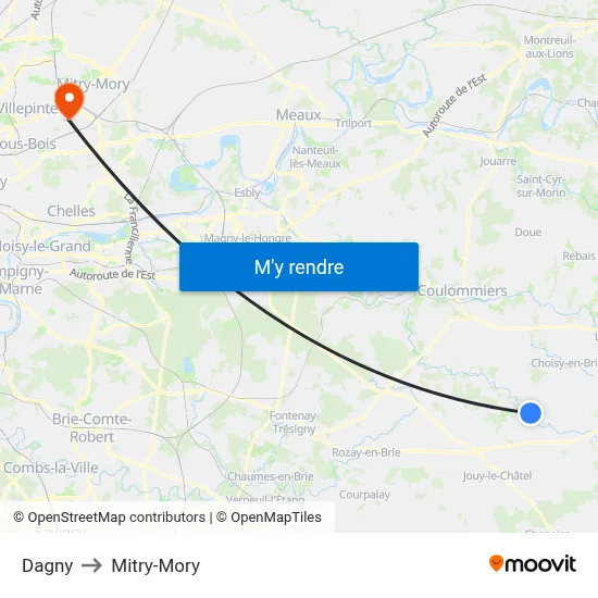 Dagny to Mitry-Mory map