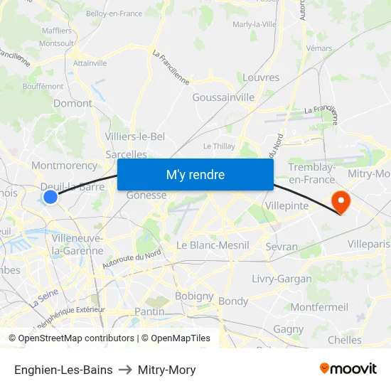 Enghien-Les-Bains to Mitry-Mory map