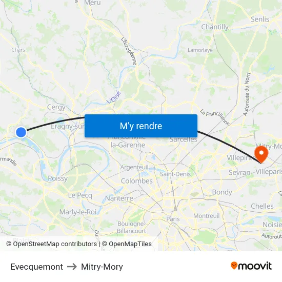 Evecquemont to Mitry-Mory map