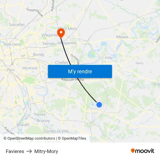 Favieres to Mitry-Mory map