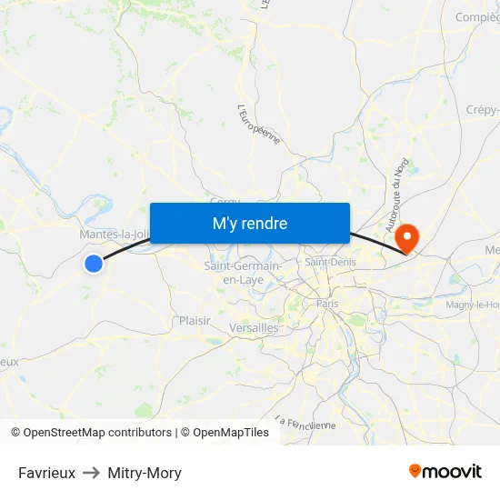 Favrieux to Mitry-Mory map