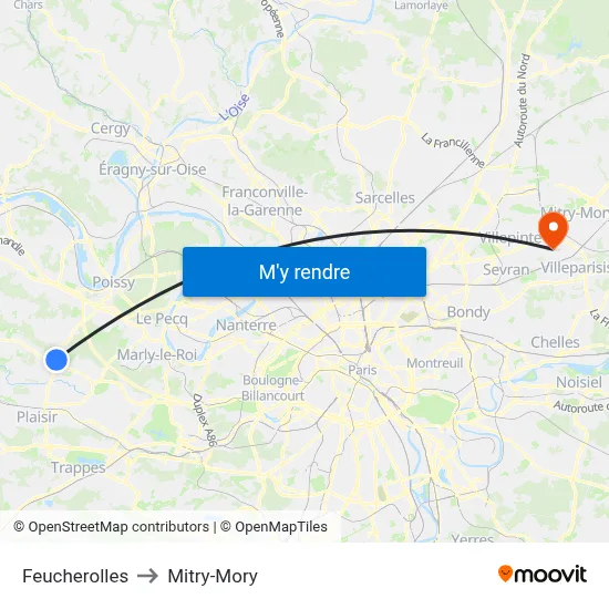 Feucherolles to Mitry-Mory map