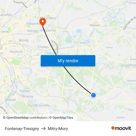Fontenay-Tresigny to Mitry-Mory map