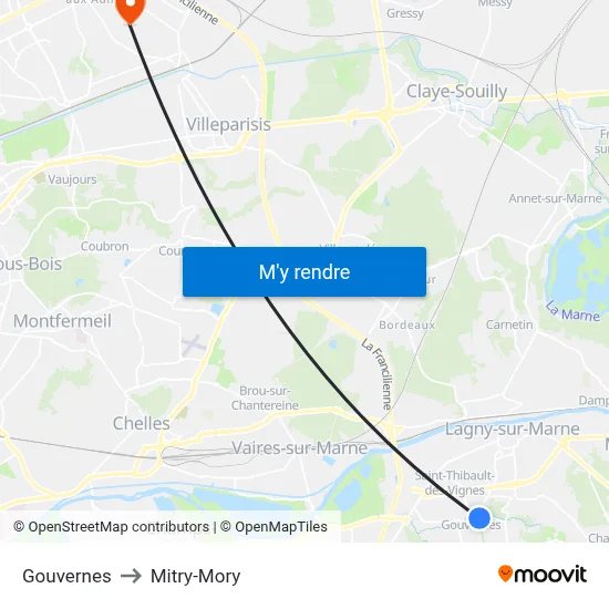 Gouvernes to Mitry-Mory map