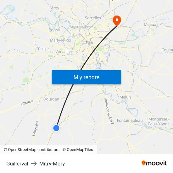 Guillerval to Mitry-Mory map