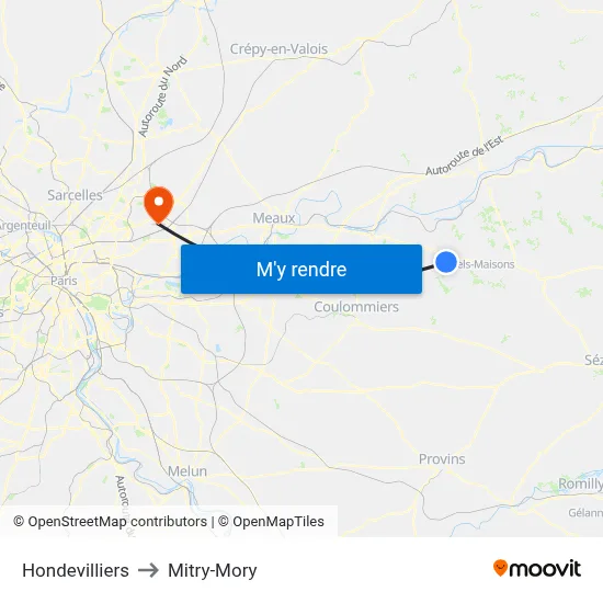 Hondevilliers to Mitry-Mory map