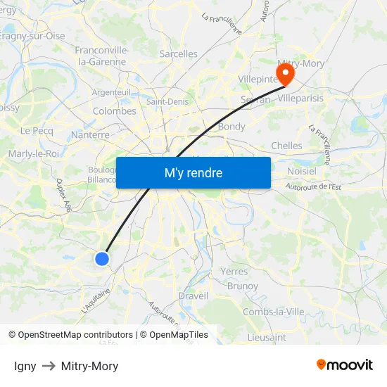 Igny to Mitry-Mory map