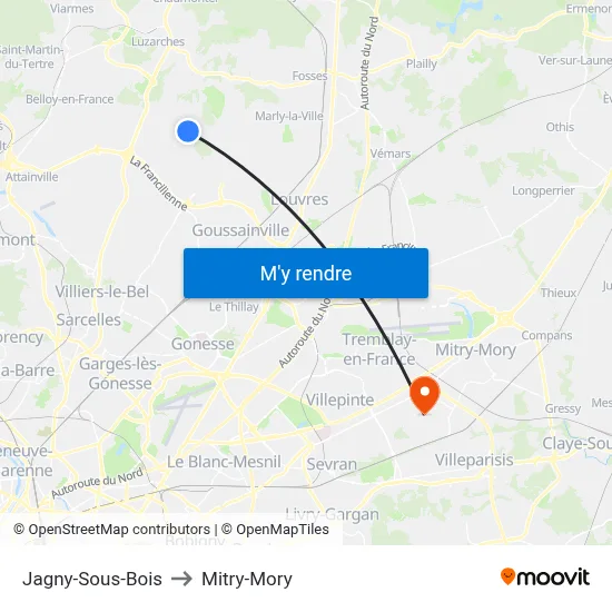 Jagny-Sous-Bois to Mitry-Mory map
