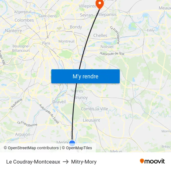 Le Coudray-Montceaux to Mitry-Mory map