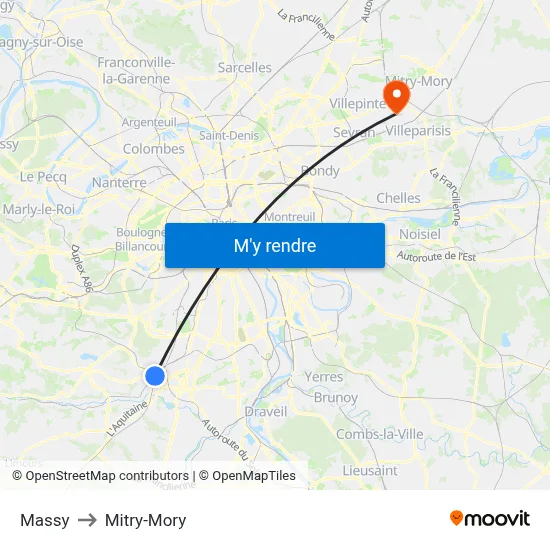 Massy to Mitry-Mory map