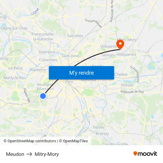 Meudon to Mitry-Mory map