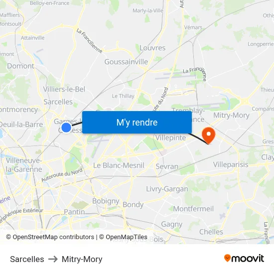 Sarcelles to Mitry-Mory map