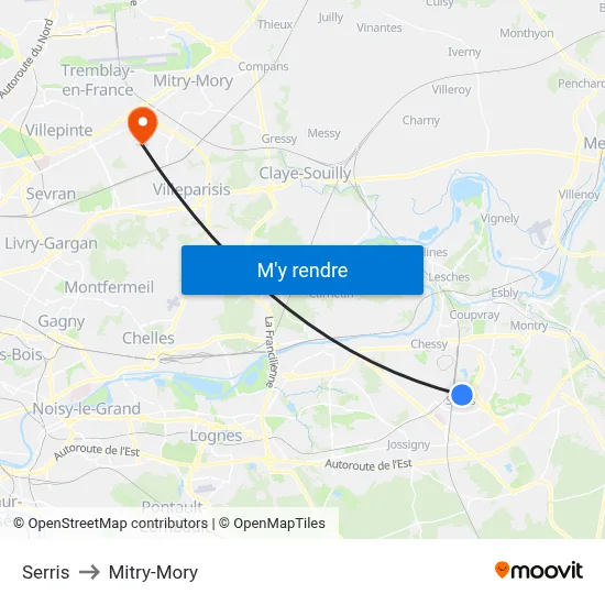 Serris to Mitry-Mory map