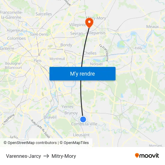 Varennes-Jarcy to Mitry-Mory map