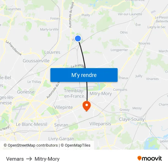 Vemars to Mitry-Mory map