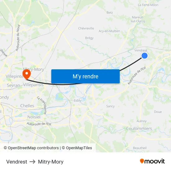 Vendrest to Mitry-Mory map