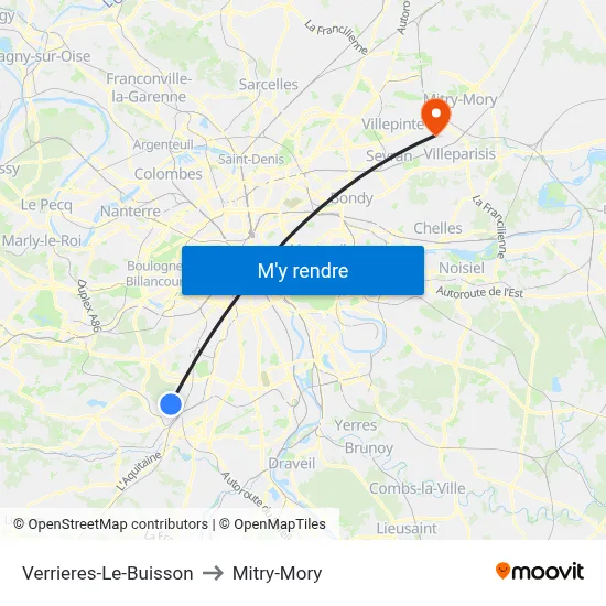 Verrieres-Le-Buisson to Mitry-Mory map