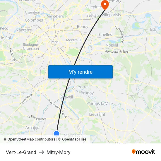 Vert-Le-Grand to Mitry-Mory map