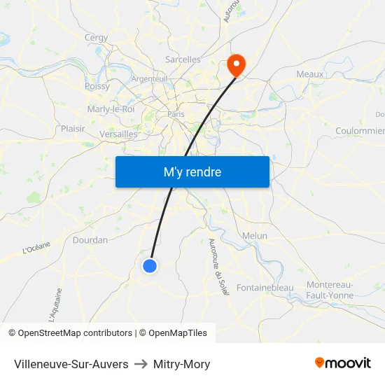 Villeneuve-Sur-Auvers to Mitry-Mory map