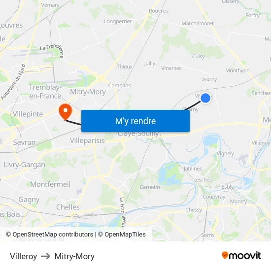 Villeroy to Mitry-Mory map