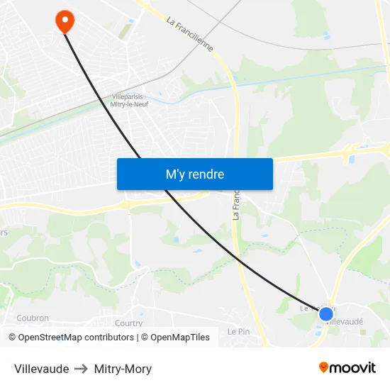 Villevaude to Mitry-Mory map