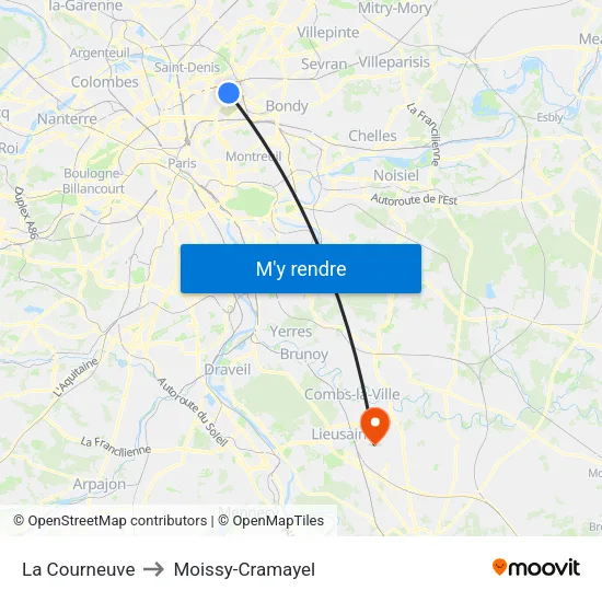 La Courneuve to Moissy-Cramayel map