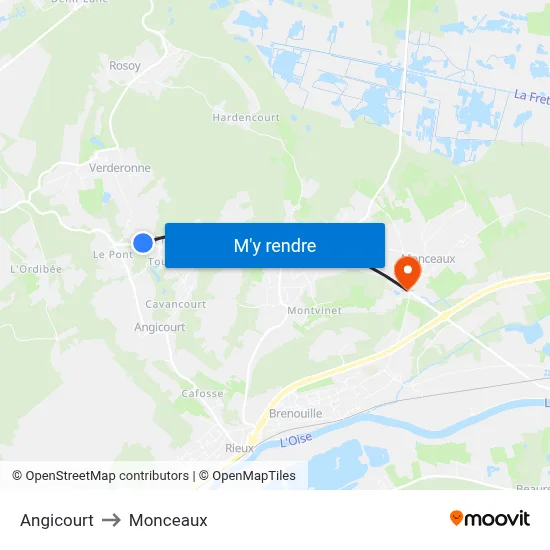 Angicourt to Monceaux map