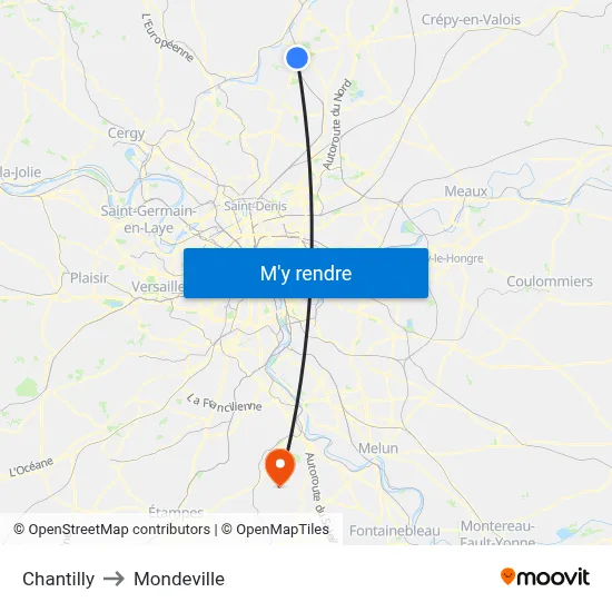 Chantilly to Mondeville map