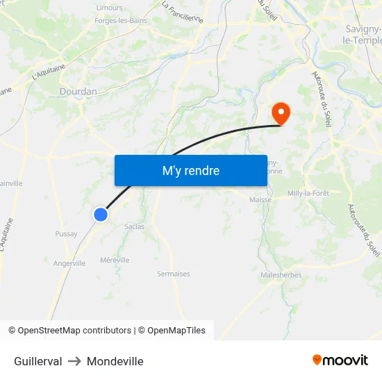 Guillerval to Mondeville map