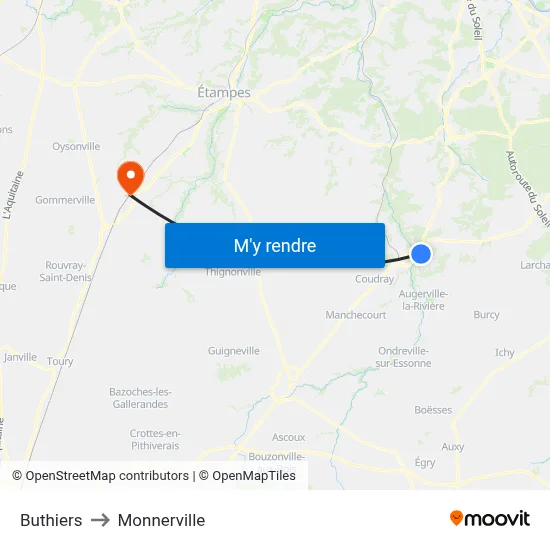 Buthiers to Monnerville map