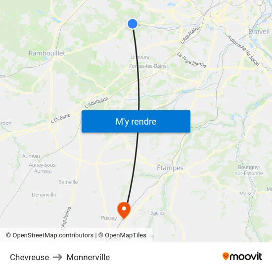 Chevreuse to Monnerville map