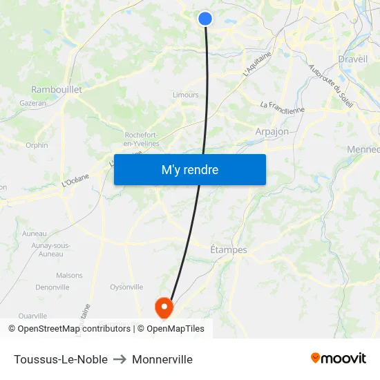Toussus-Le-Noble to Monnerville map