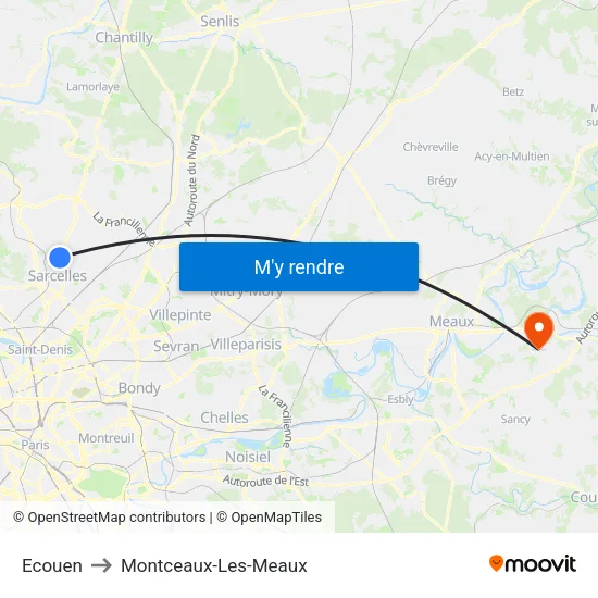 Ecouen to Montceaux-Les-Meaux map