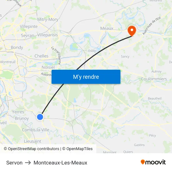 Servon to Montceaux-Les-Meaux map