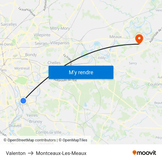 Valenton to Montceaux-Les-Meaux map