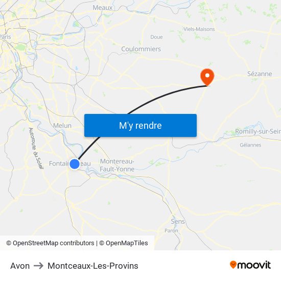 Avon to Montceaux-Les-Provins map