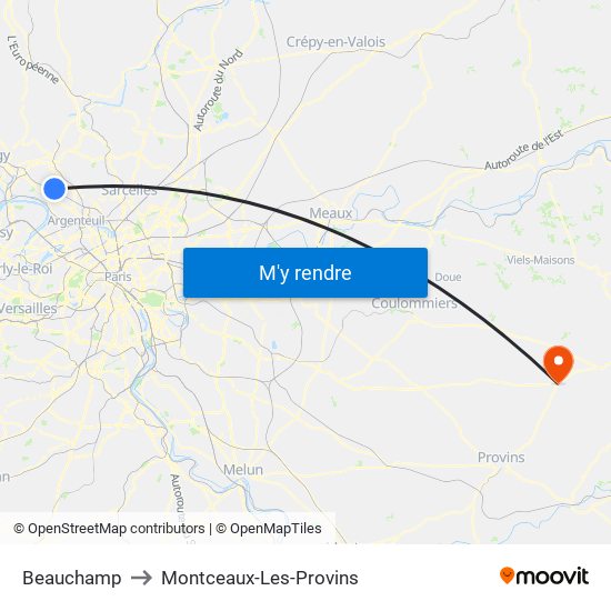 Beauchamp to Montceaux-Les-Provins map