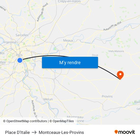 Place D'Italie to Montceaux-Les-Provins map