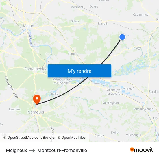 Meigneux to Montcourt-Fromonville map