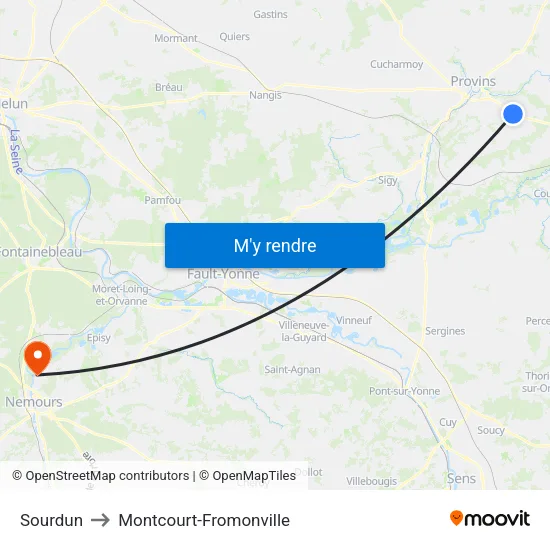 Sourdun to Montcourt-Fromonville map