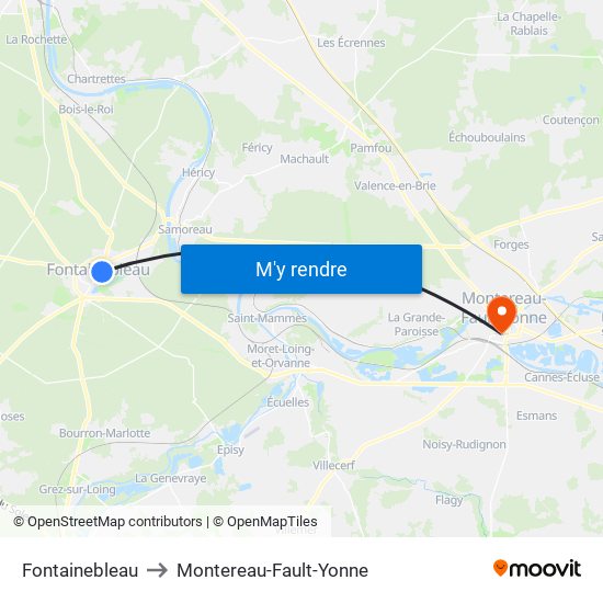 Fontainebleau to Montereau-Fault-Yonne map