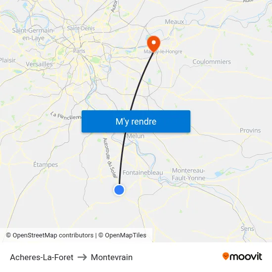 Acheres-La-Foret to Montevrain map