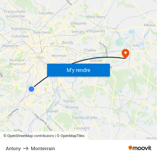 Antony to Montevrain map